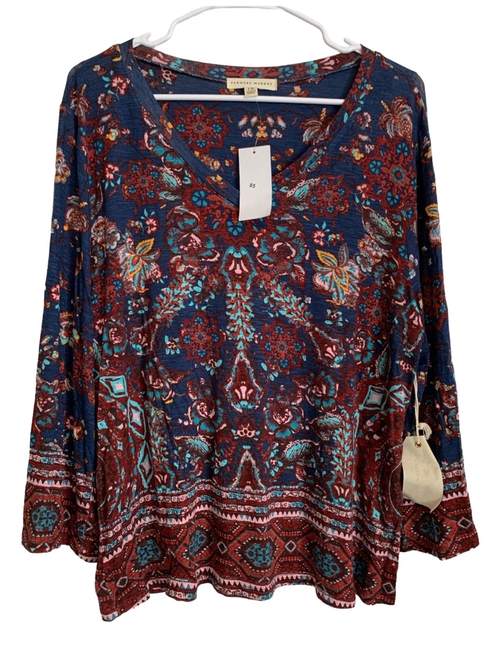 FARMERS MARKET Women’s Blue Burgundy Floral Print 3/4 Sleeve V-neck Top Blouse